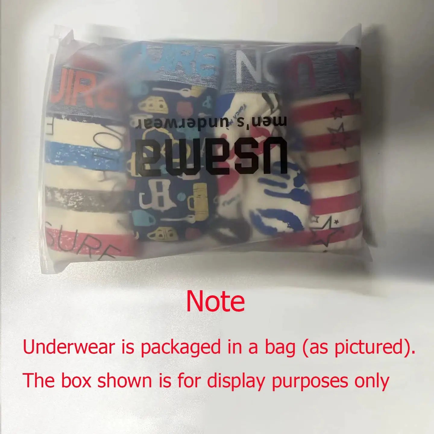 4-pack men's cotton boxer shorts in assorted prints from Simples Market, packaged in a clear bag