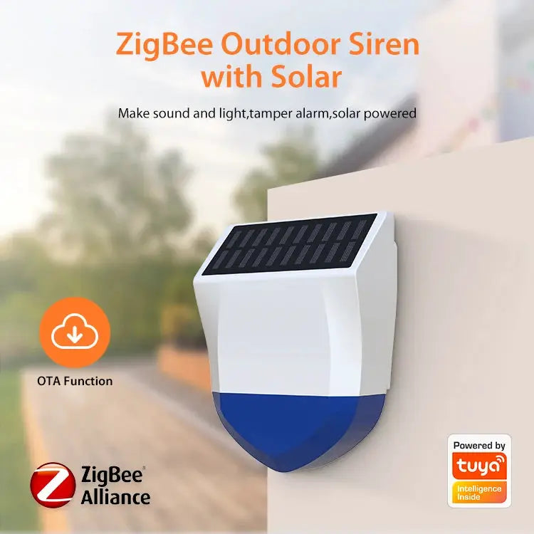 Simples Market ZigBee outdoor siren with solar panel, white/blue housing, weatherproof, 95dB with optional remote control