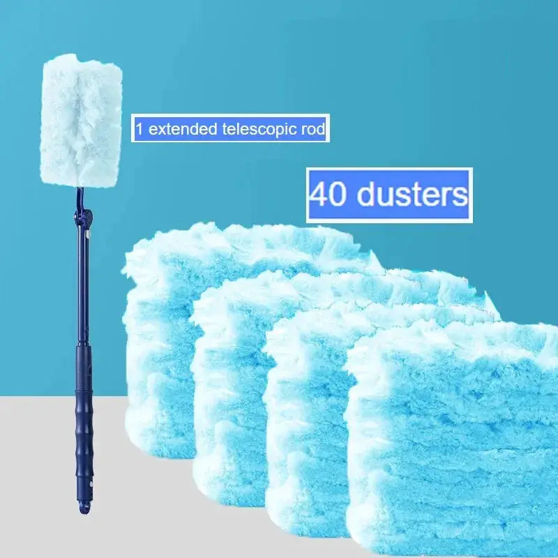 Extended telescopic pole dust collector with blue microfiber head and 40 blue dusters