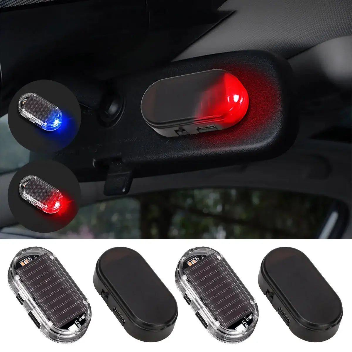 2-pack solar powered car warning lights, blue and red flashing LEDs, wireless anti-theft signal lamps by Simples Market