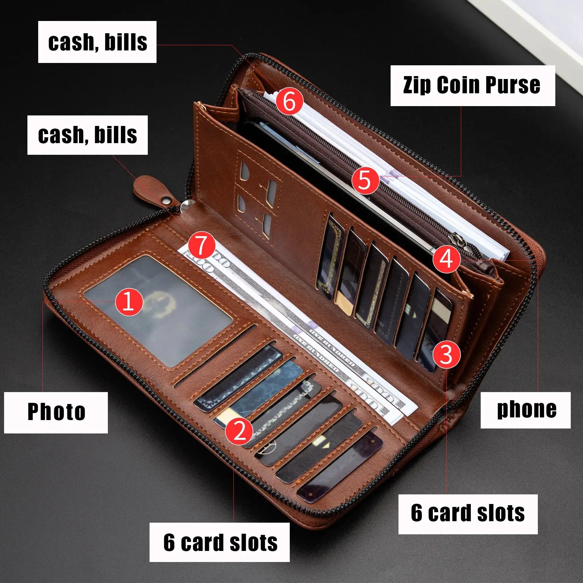 Simples Market men's long zipper PU leather wallet with RFID blocking and 6 card slots
