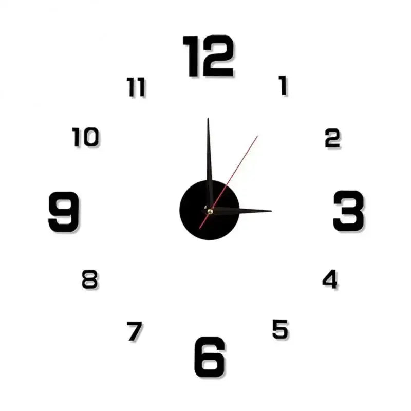 Wall clock with bold black numerals on white background black center disc black hour/minute hands and red second hand