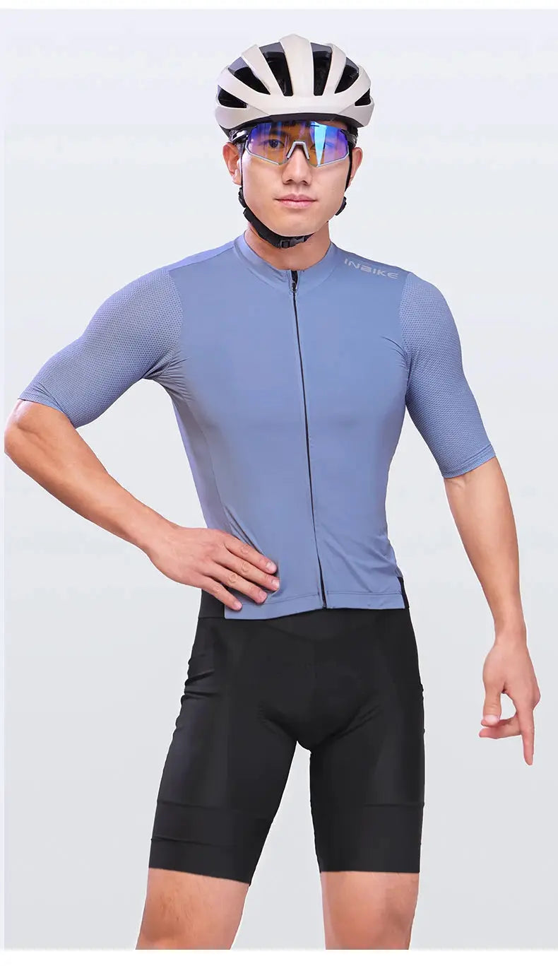 INBIKE men's MTB cycling bib shorts; black shorts with blue jersey and helmet.