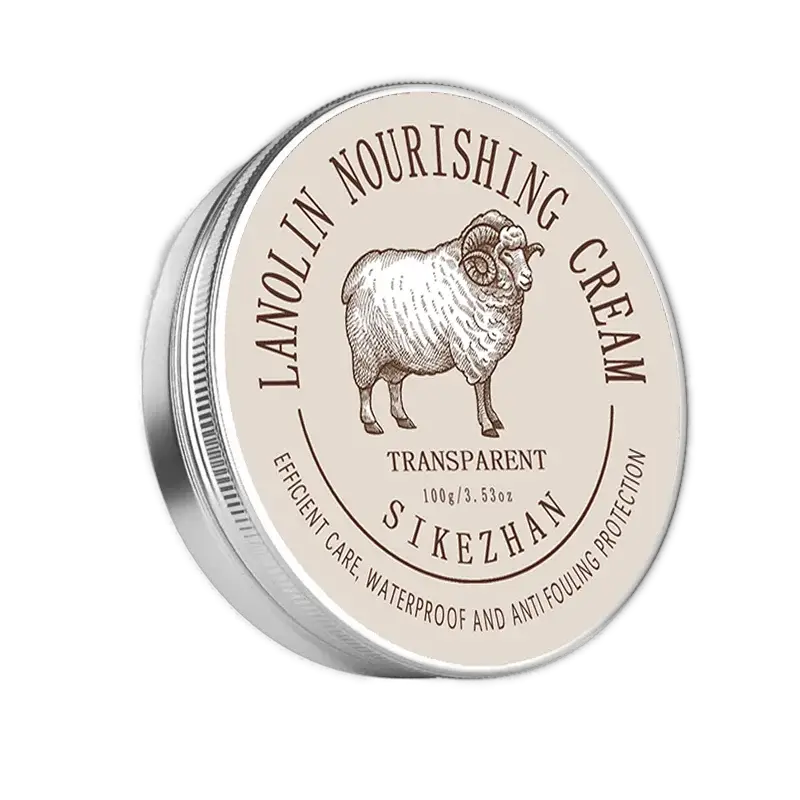 Leather conditioner tin with beige lanolin nourishing cream label and ram illustration
