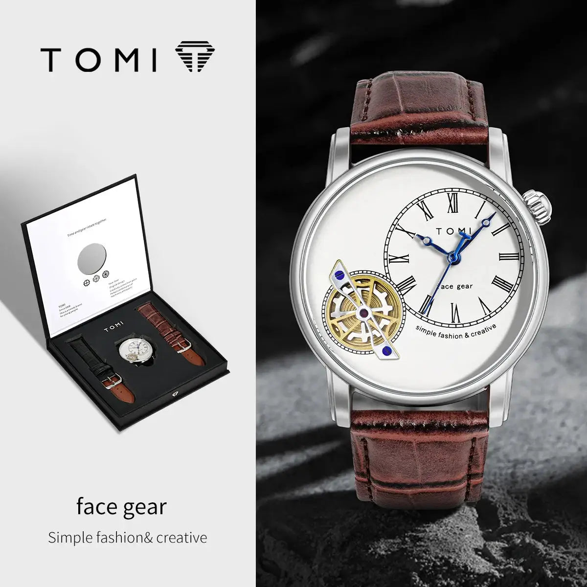 TOMI men's quartz watch gift set with brown leather strap and extra black strap in a presentation box