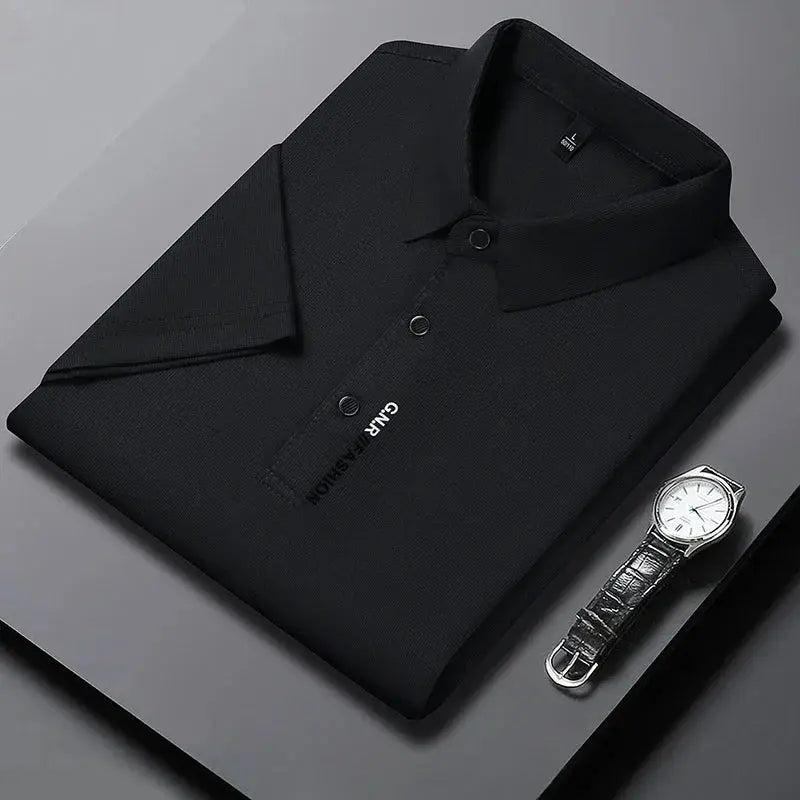 Men's black polo shirt by Simples Market, breathable solid color with short sleeves and polo collar