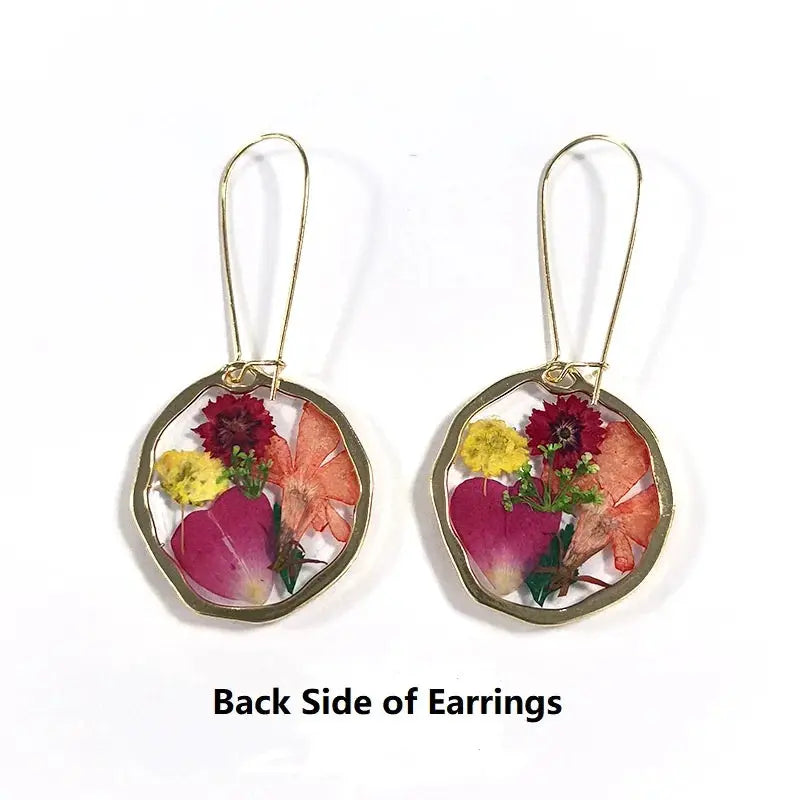 Natural flower dangle earrings with colorful pressed flowers in epoxy resin, gold hoop, two-piece set