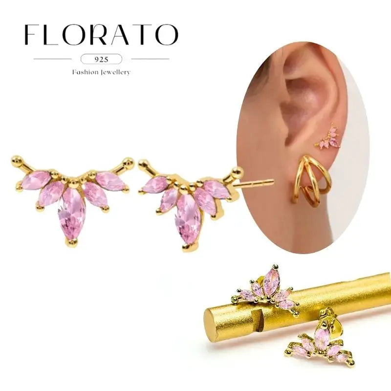 Gold-tone pink zircon earrings set with floral cluster designs for ears