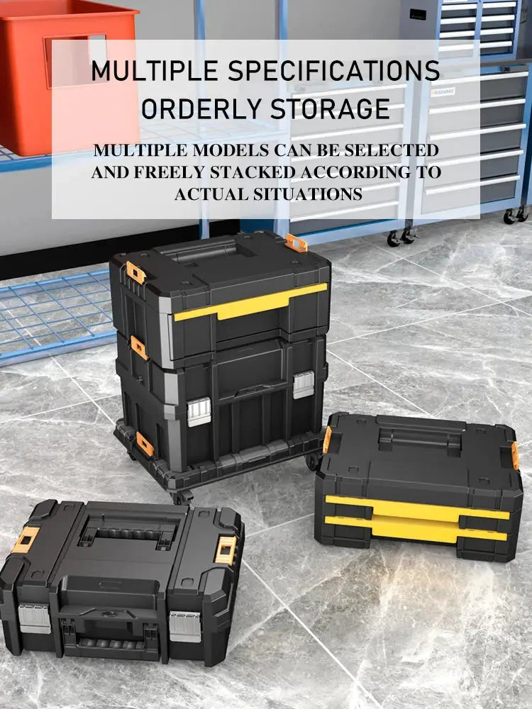 AirAJ stackable toolbox set with wheels; black cases with yellow accents, 3-piece modular storage