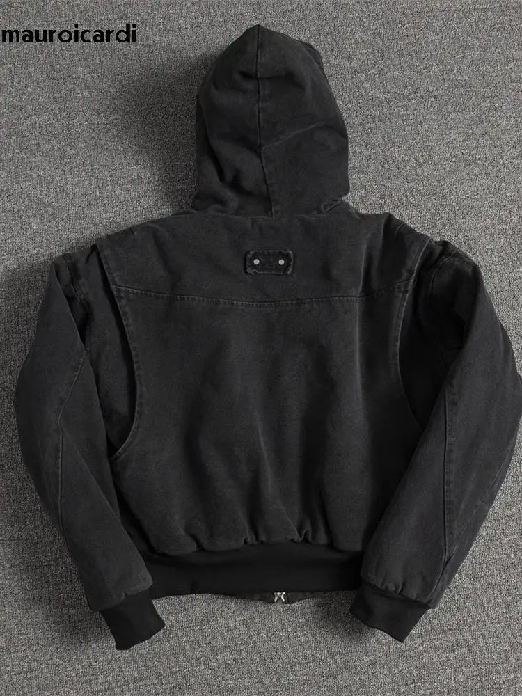 Mauroicardi oversized black padded canvas jacket with hood, back view.