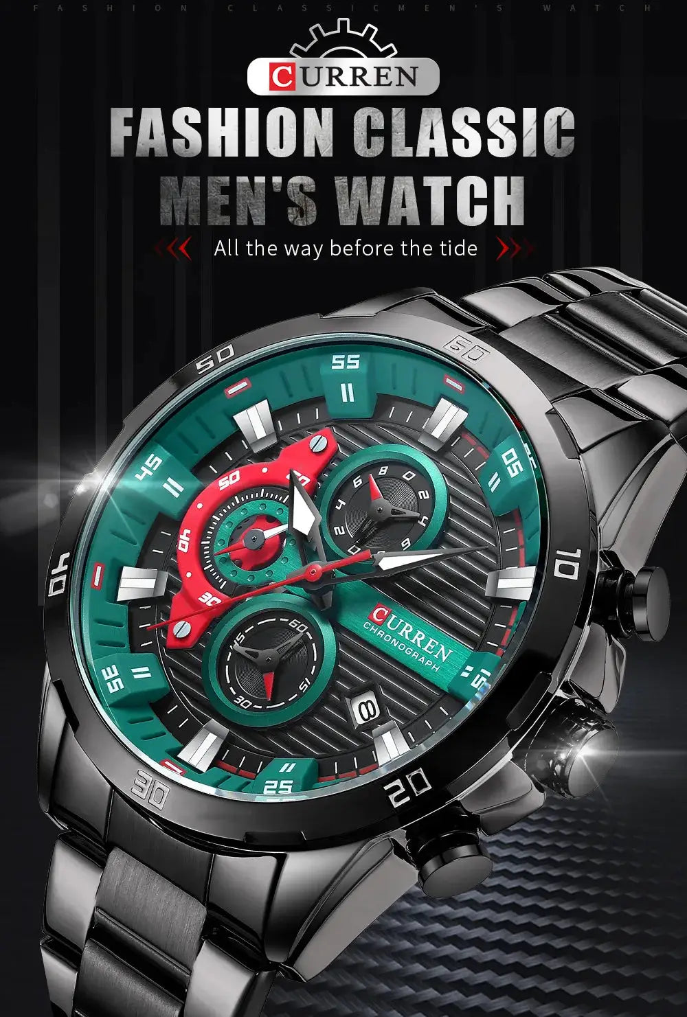 Curren 8402 men's stainless steel chronograph watch with luminous dial and teal bezel