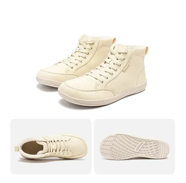 HOBIBEAR mid-top barefoot sneakers, beige canvas, unisex with wide toe box and zero-drop