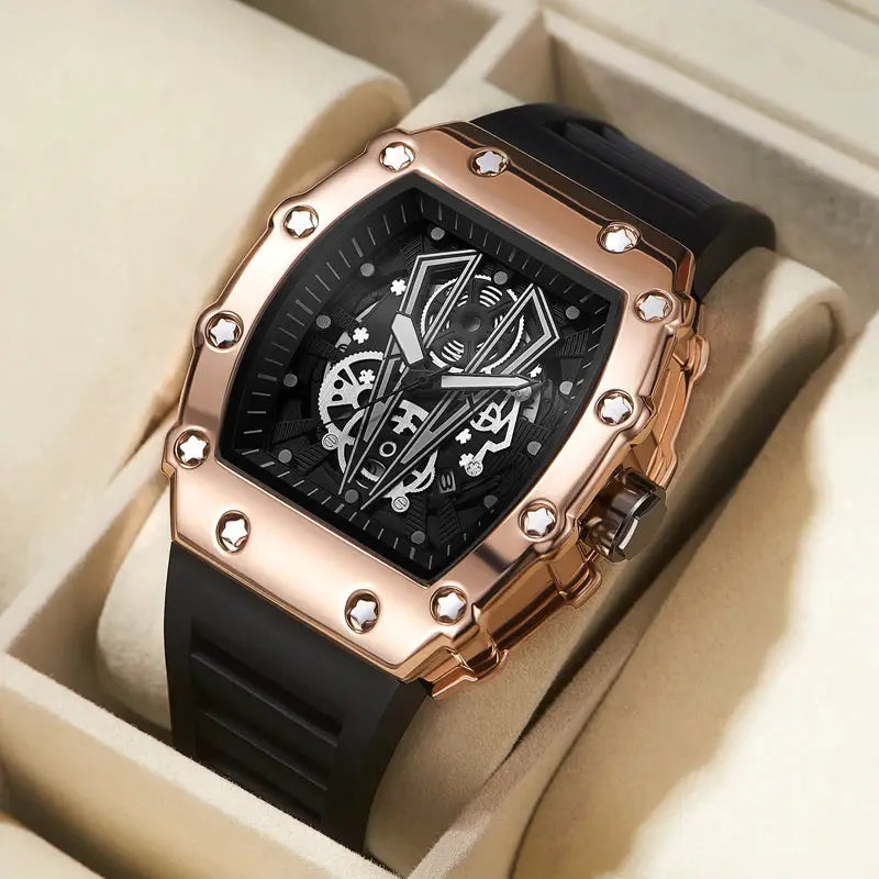 Large Dial Square Luminous Quartz Watch For Men Waterproof Sport Timepiece With Durable Alloy Case Rubber Strap