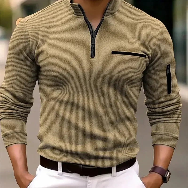 Men's olive ribbed polo shirt, long sleeve with zip collar and chest pocket