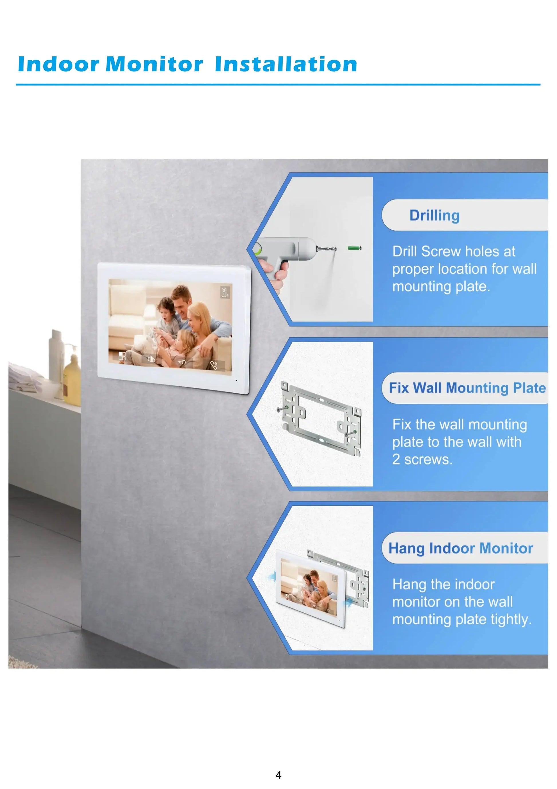 7-inch indoor monitor video intercom system mounted on a gray wall with a white frame