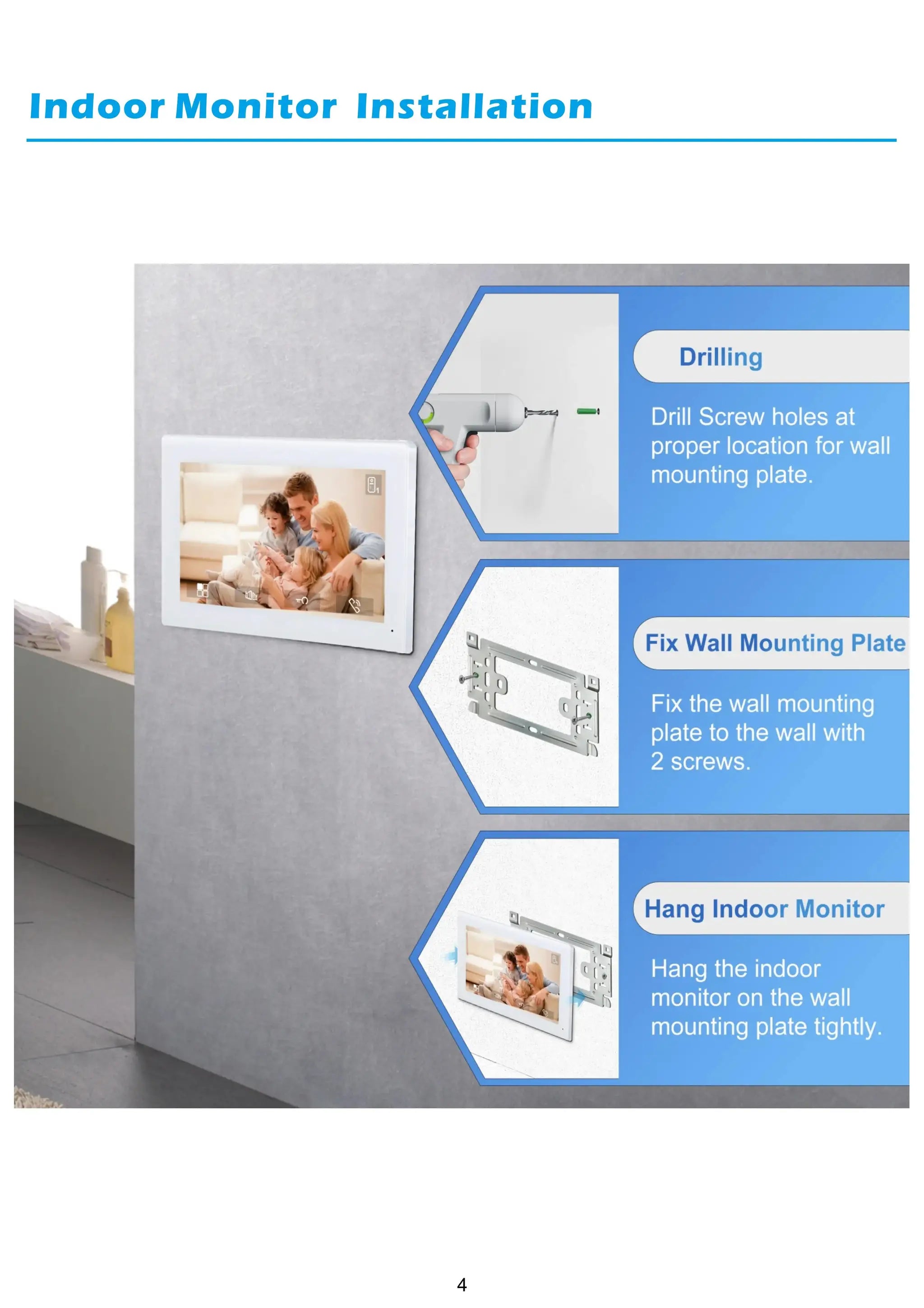 7-inch indoor monitor video intercom system mounted on a gray wall with a white frame