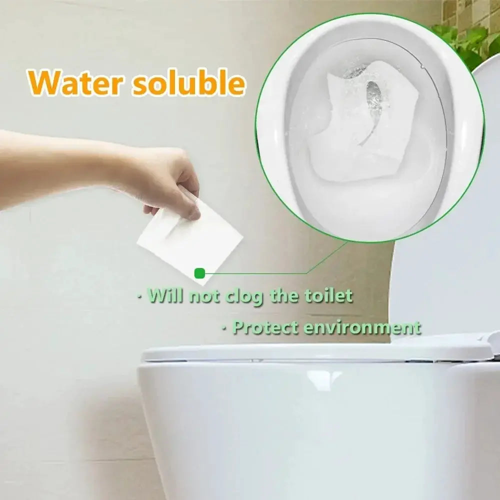 Portable disposable toilet seat paper, water-soluble white sheets for travel and camping bathrooms
