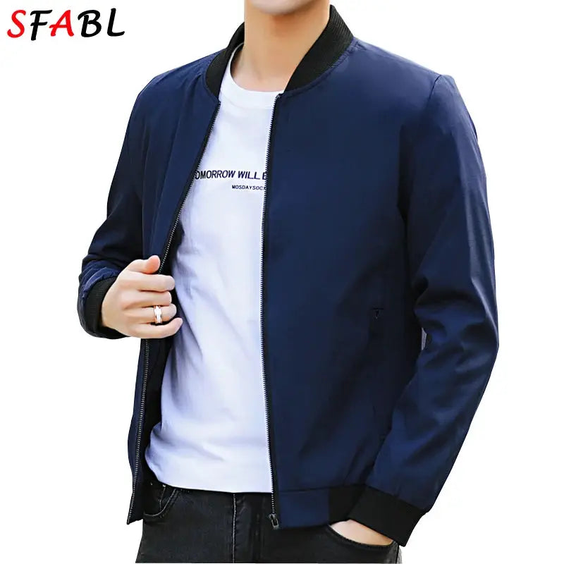 Men's navy bomber jacket with black ribbed collar and cuffs, front zip, SFABL logo