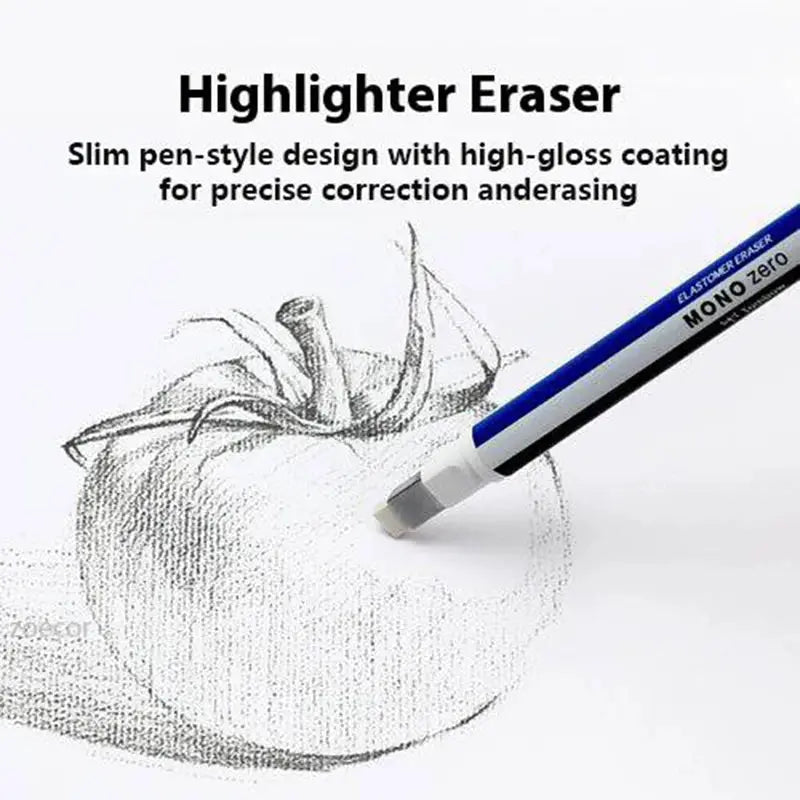Tombow Mono Zero eraser pen, blue and white body, precision eraser for artists