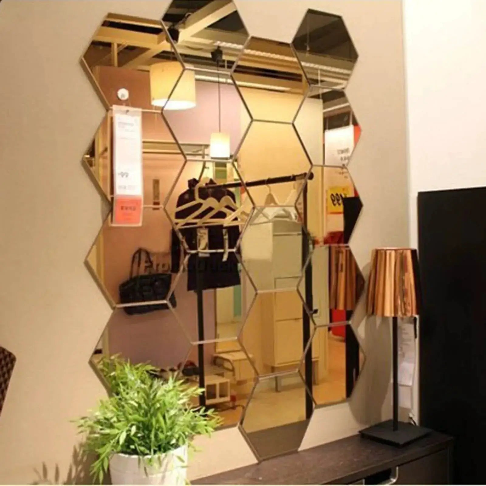 Hexagon mirror wall sticker set, 6/12pcs, 126mm each, by Simples Market
