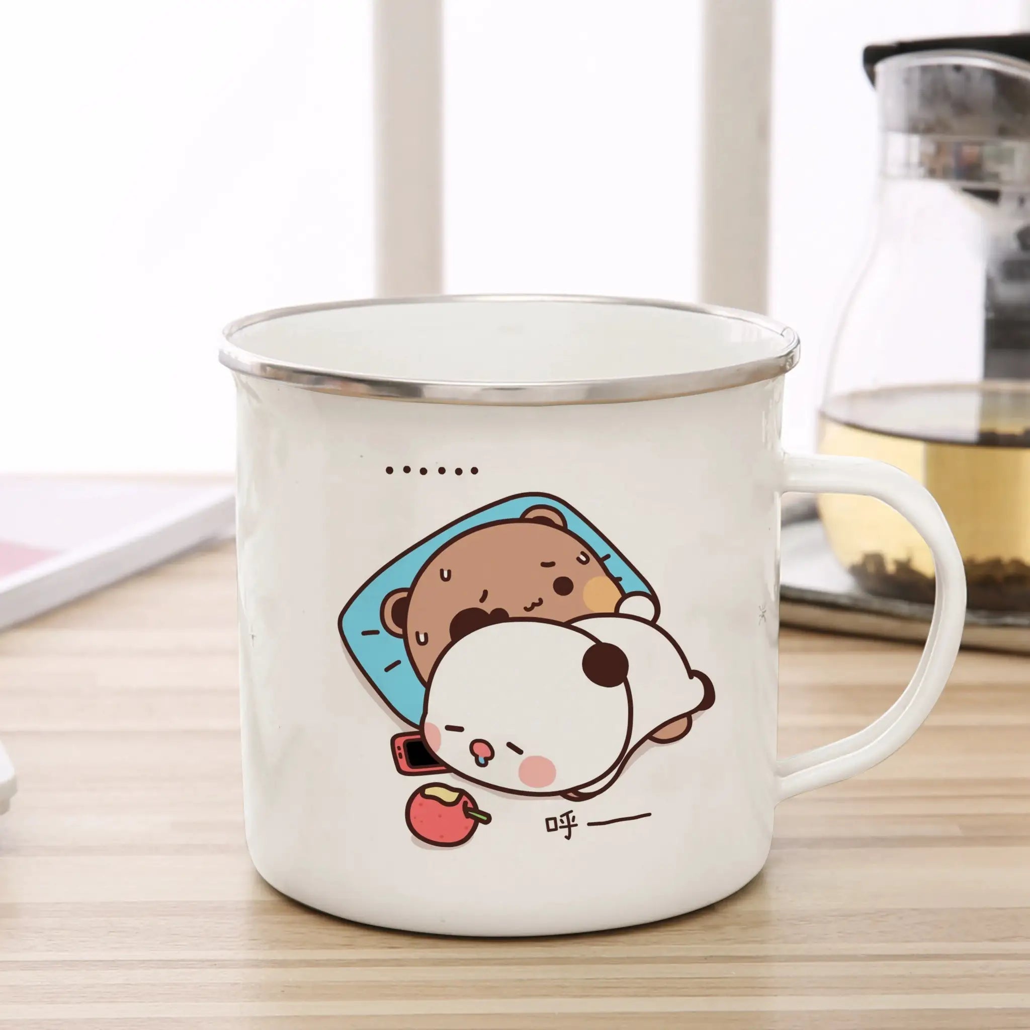 Cute Cup Co Cartoon Milk Mocha Bear Enamel Cup 11oz Eco Friendly Coffee Tea Cup Gift For Couple