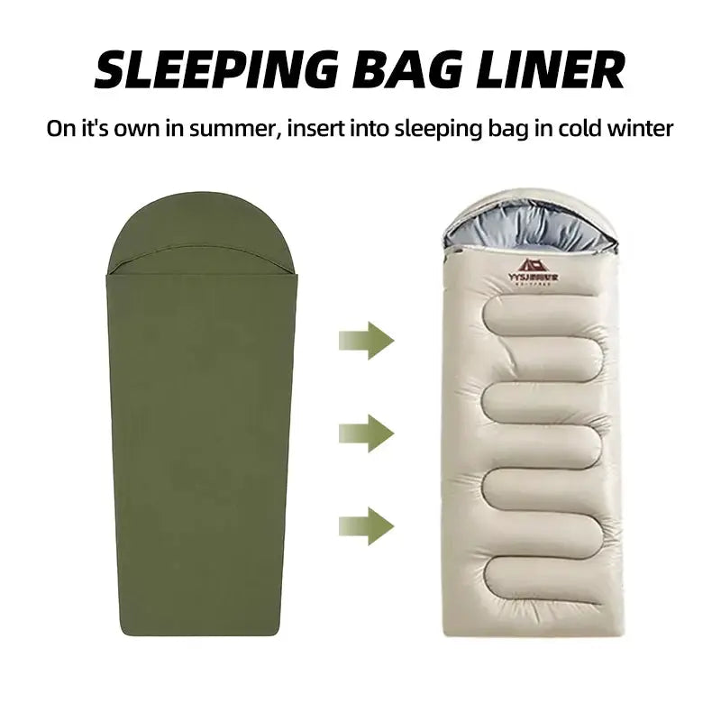 Simples Market sleeping bag liner; green envelope liner paired with beige sleeping bag, 2-piece display