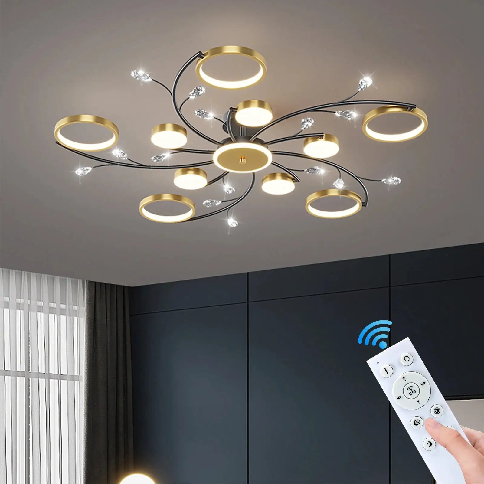 IRALAN modern LED ceiling chandelier with gold rings and crystal accents, black arms, Simples Market