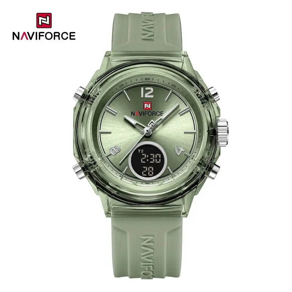 NAVIFORCE women's green rubber strap watch with translucent case and dual analog-digital display