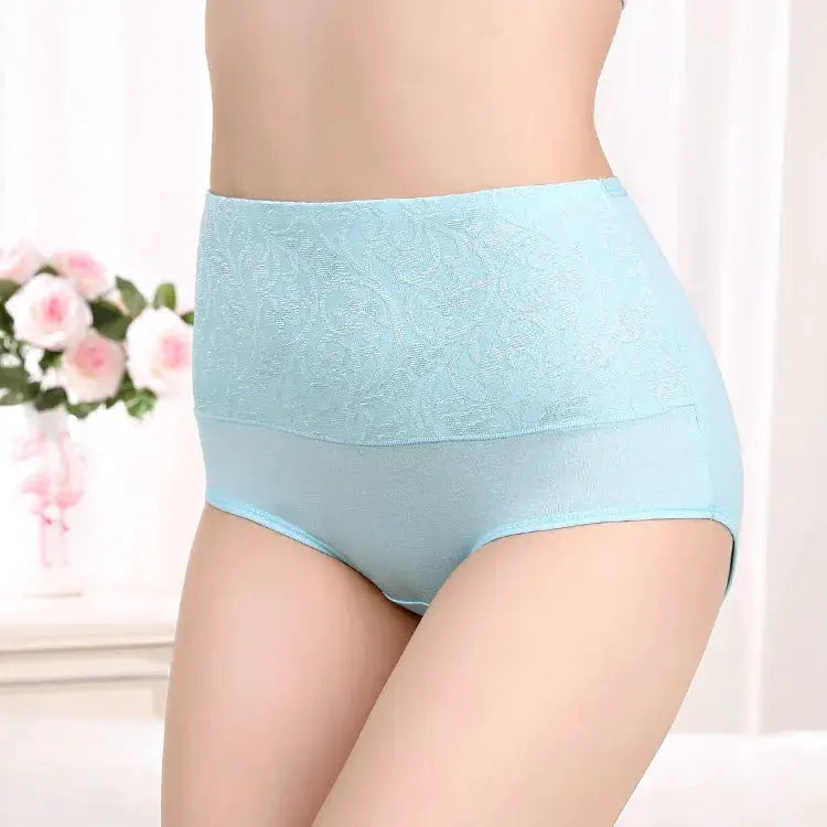 Plus-size high-waist cotton shaping briefs with lace pattern in light blue