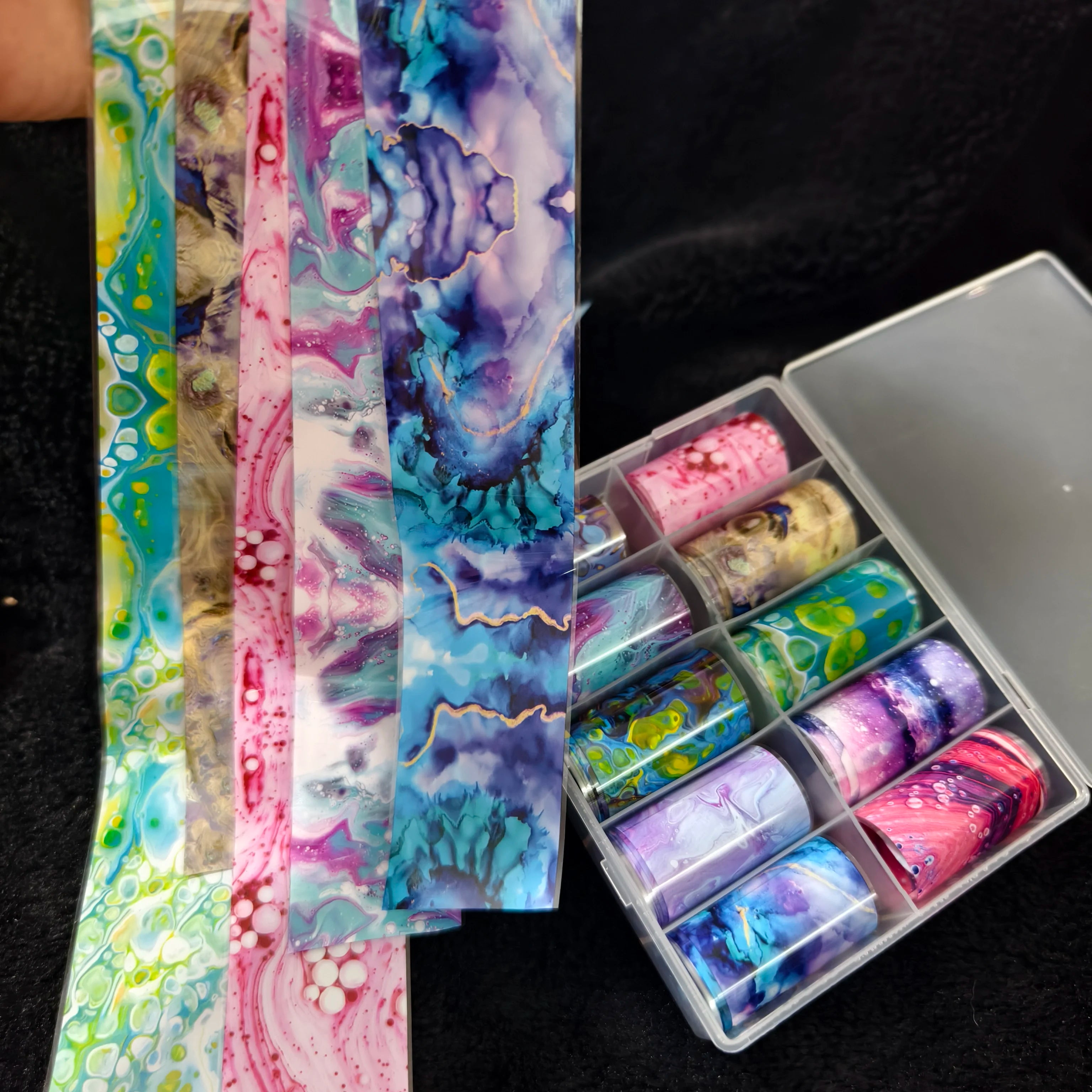 Nail foils set by Simples Market, 10 rolls of marble, flower and plaid designs with transfer paper for nail art.