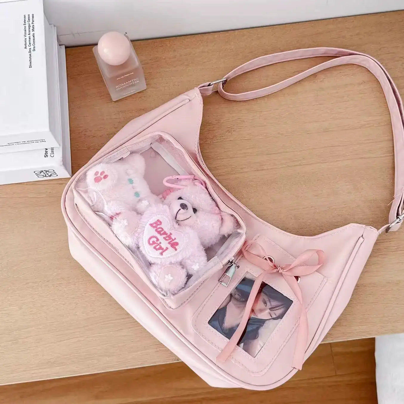 Pink Y2K Harajuku ita bag with clear window and teddy bear plush inside, crossbody shoulder bag