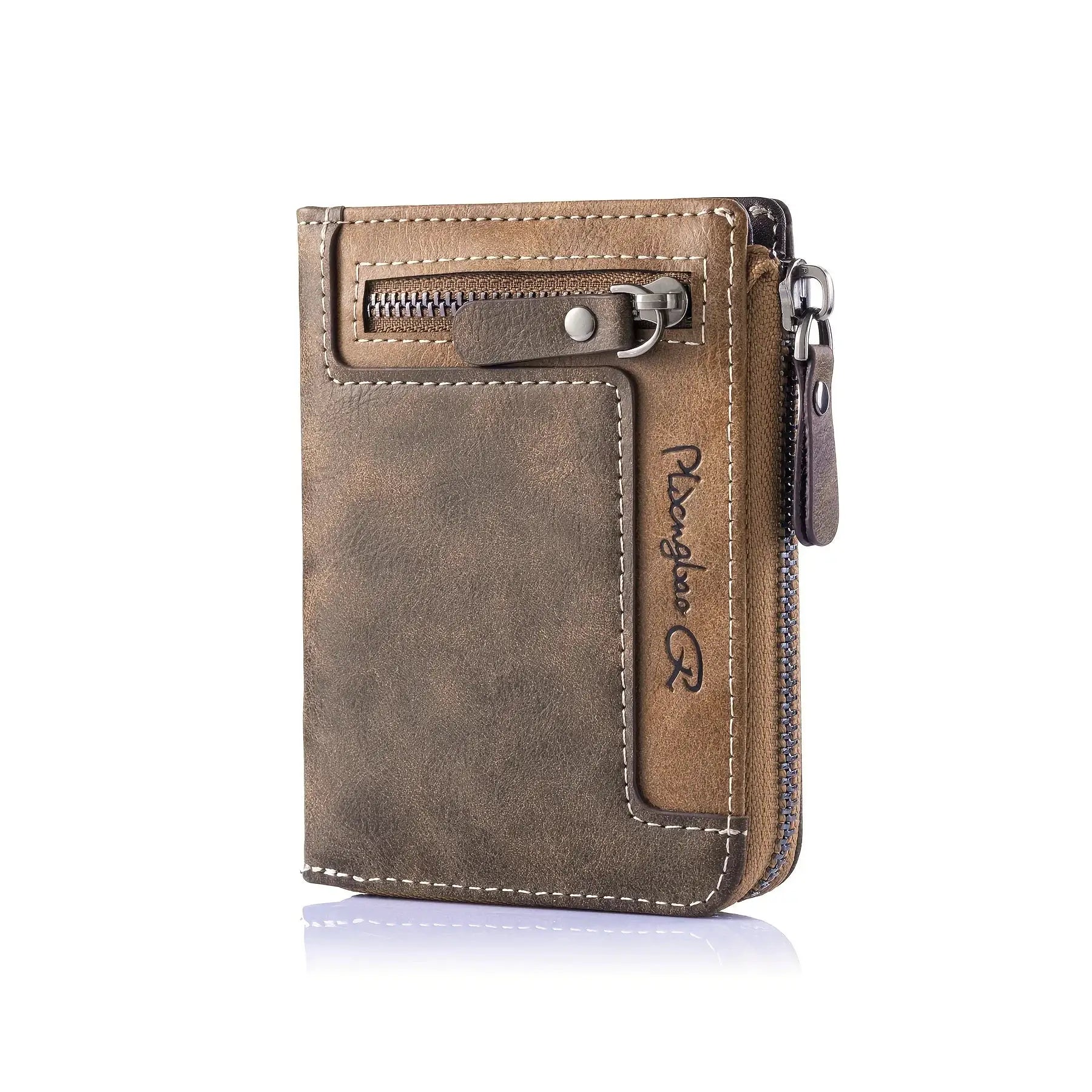 Men's retro short wallet by Simples Market in brown PU leather with zip coin pocket