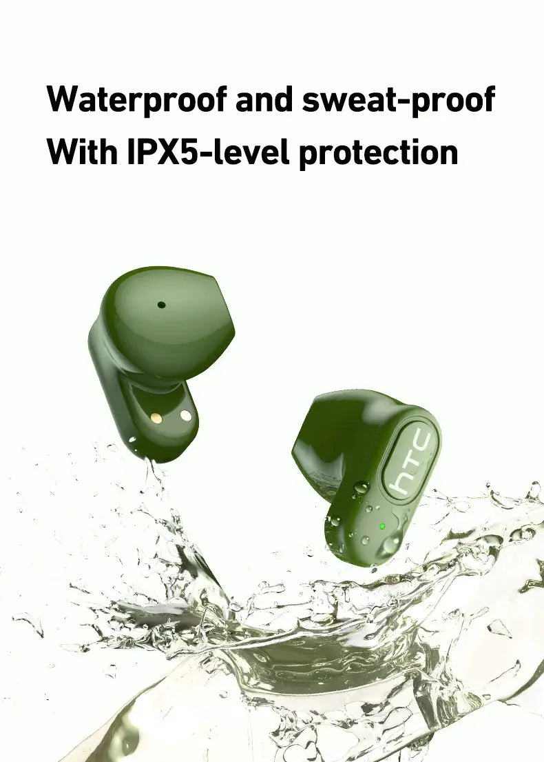HTC NE51 TWS mini Bluetooth earphones in green, two wireless earbuds