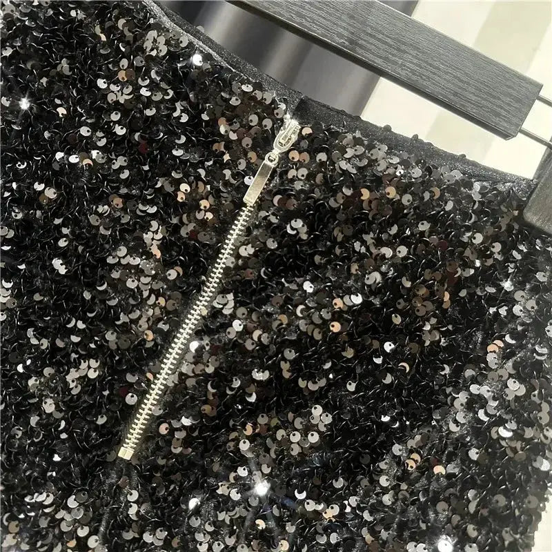 Black velvet sequined shorts with gold zipper for clubwear