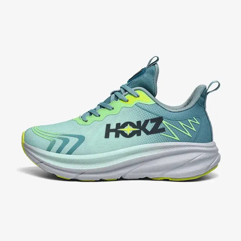 HOKZ running shoes in teal mesh with neon lime accents, cushioned midsole for lightweight breathability.