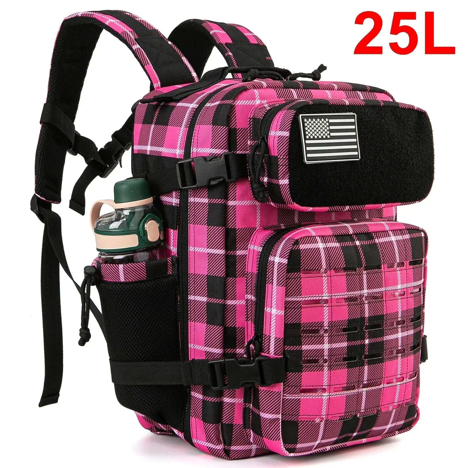 Pink plaid 25L tactical backpack with water bottle holder and American flag patch