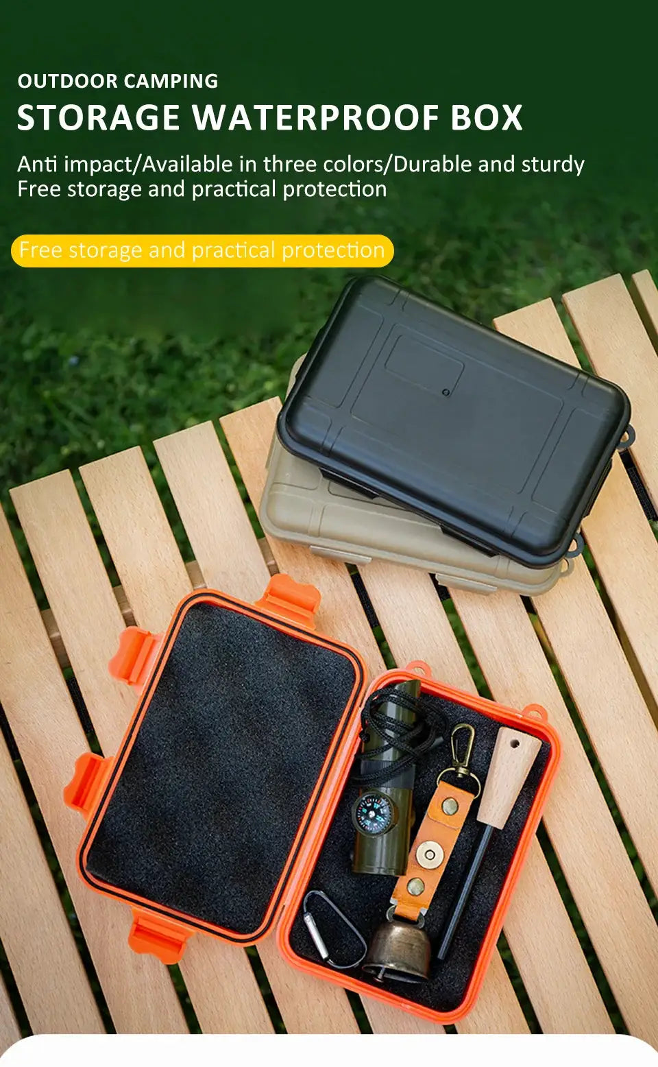 Simples Market outdoor waterproof plastic storage boxes set; orange case with foam and fishing tackle gear.