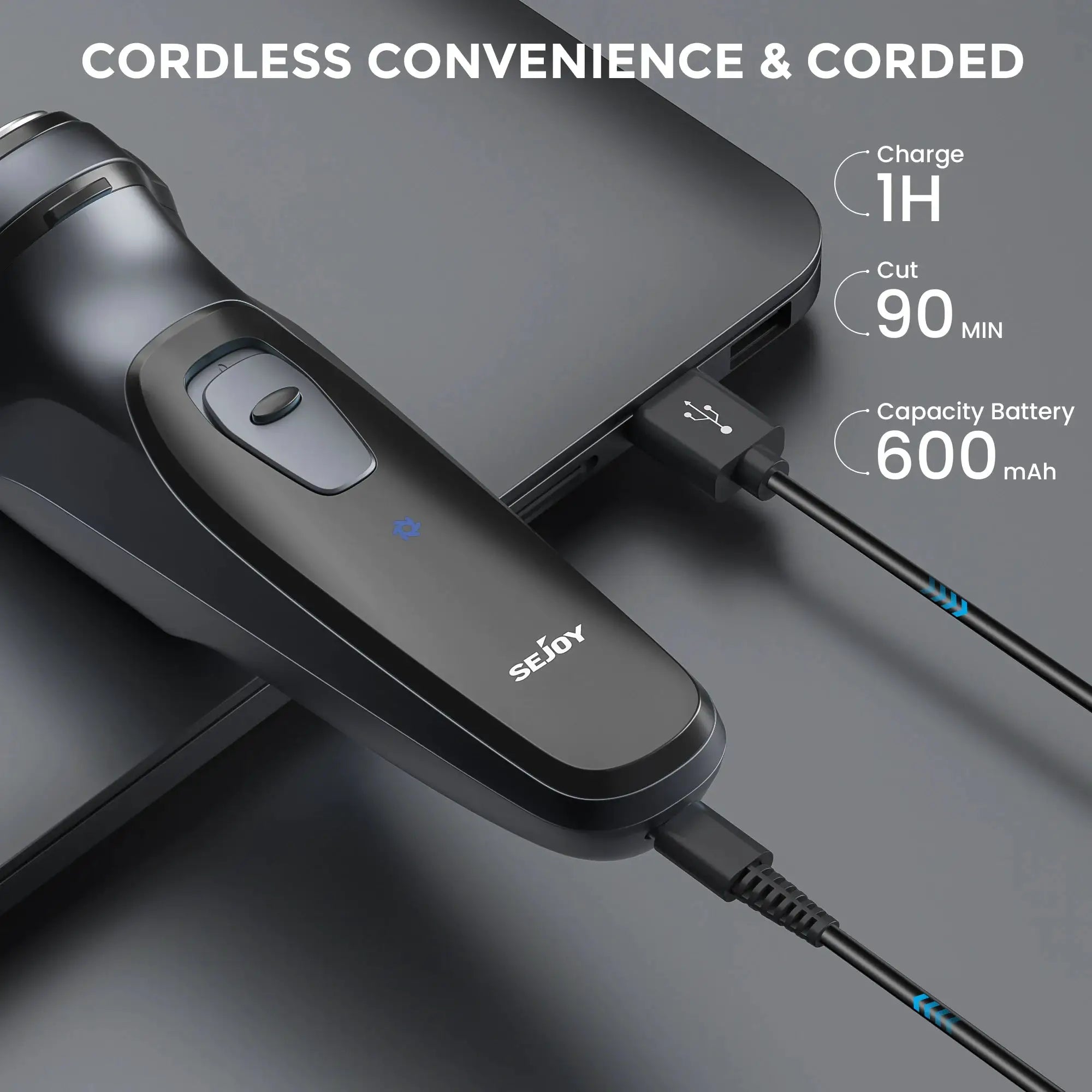 Sejoy electric razor for men by Simples Market; cordless, black rechargeable shaver with USB charging.