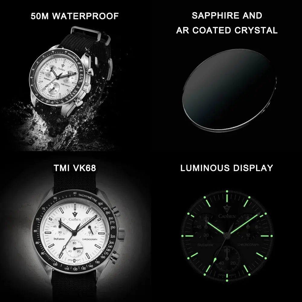 CADISEN men's watch with canvas strap, white dial, 50m water resistance, sapphire AR-coated crystal, luminous display