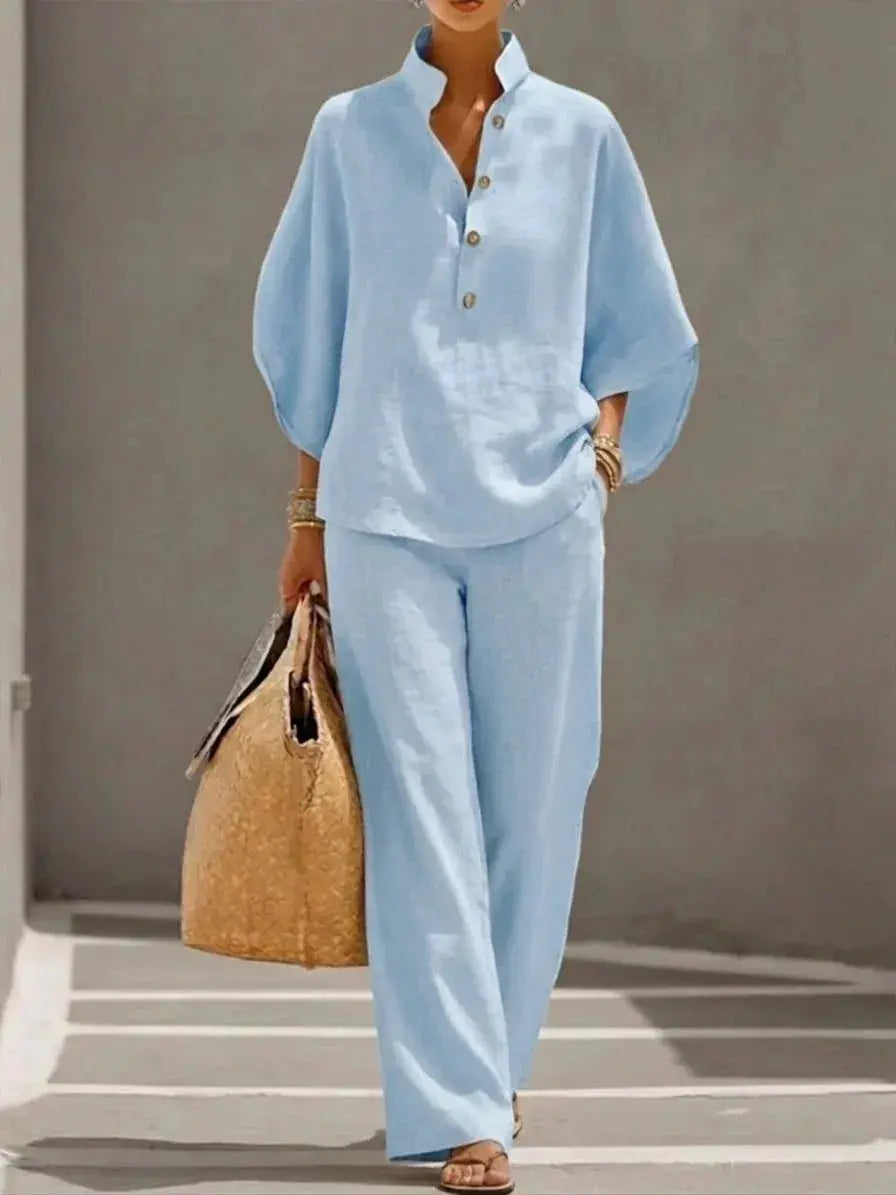 Cotton Linen Pant Set Women Stand Collar Button Top Wide Leg Trousers