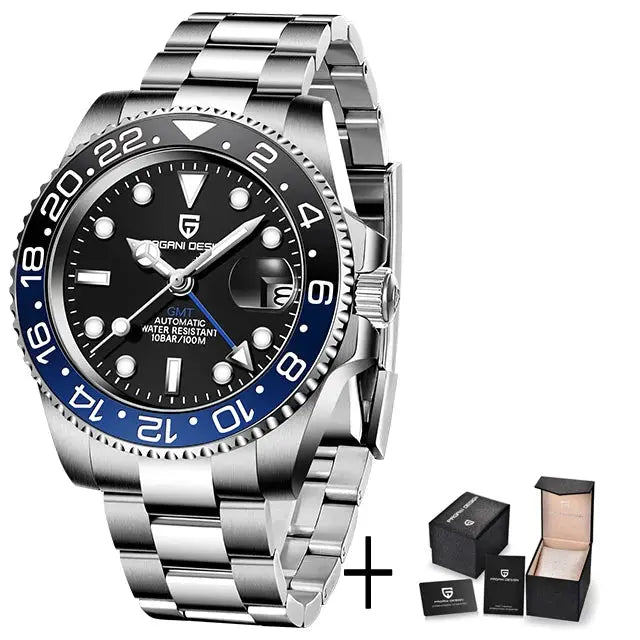 Pagani Design V3 GMT watch, stainless steel bracelet, black dial, blue bezel, 40mm, automatic sapphire, 100m WR