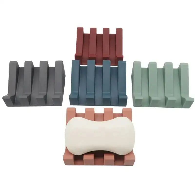 Silicone soap dish and storage rack set in multiple colors with tilt-drain design for bathroom and kitchen use