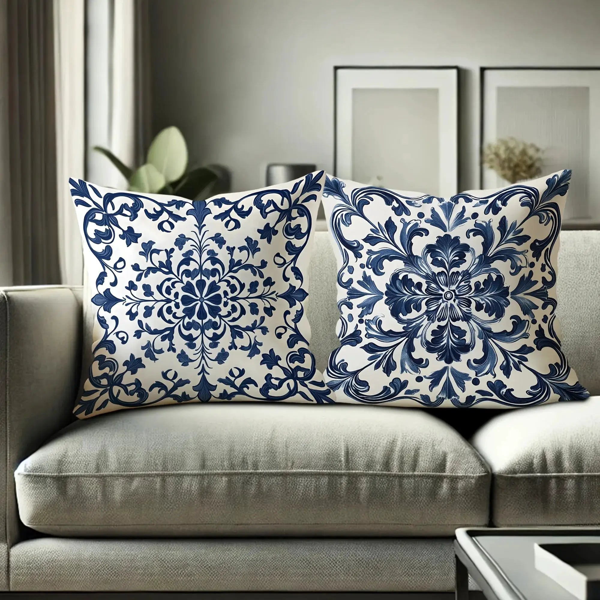 Bohemian blue and white floral pillowcases, two decorative cushions on a sofa