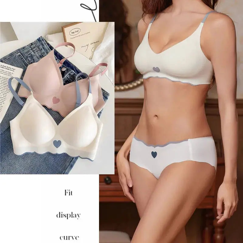 Women’s seamless bras with adjustable straps in cream, pink, and white; model wearing the white version.