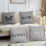 Set of 4 gray pillow covers with butterfly and HOME LOVE FAMILY text designs for sofa decor