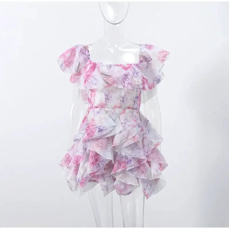 Floral Printed Backless Mini Dress Sleeveless A Line Party Clubwear
