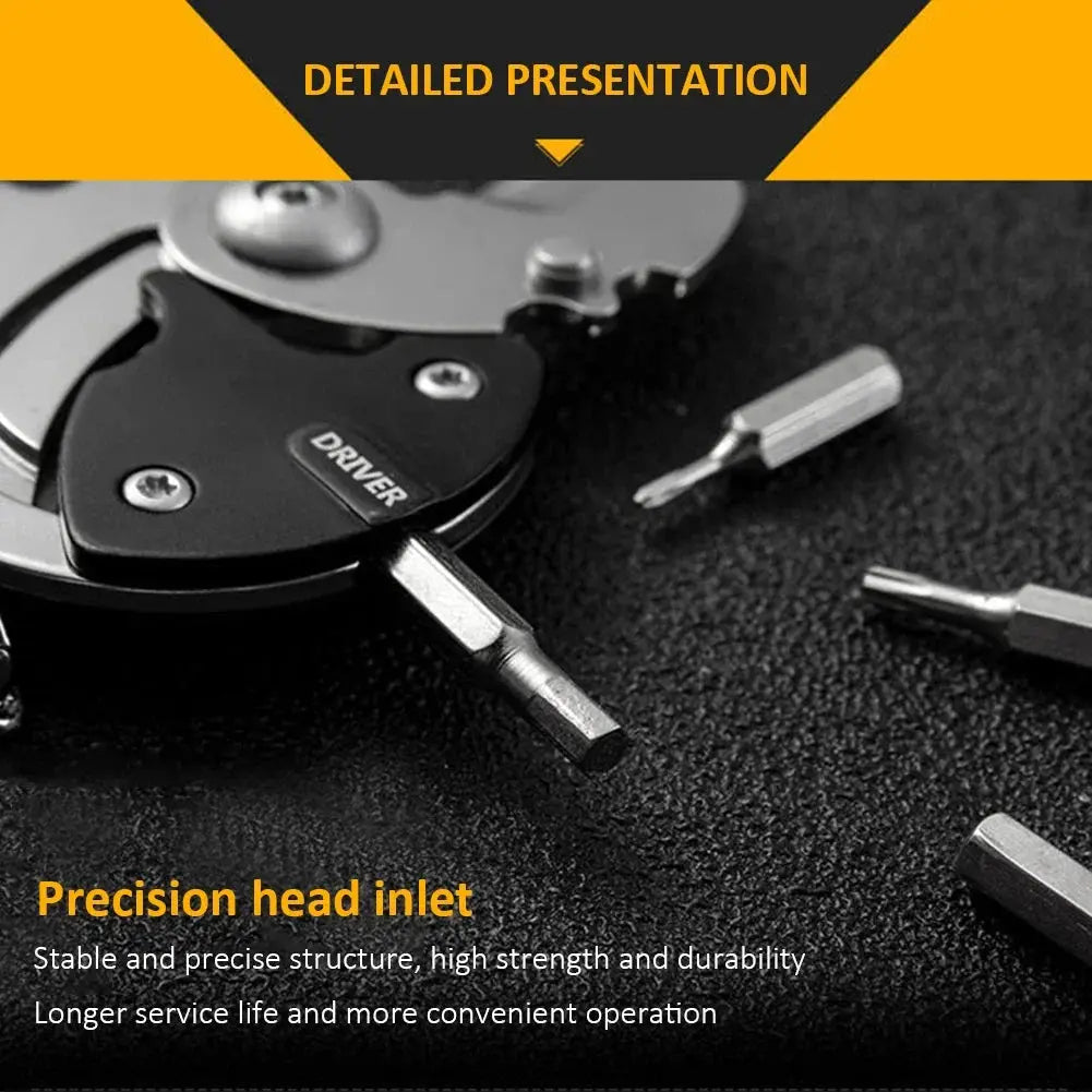 Multifunctional keychain screwdriver with hex bits and folding coin knife, black metal