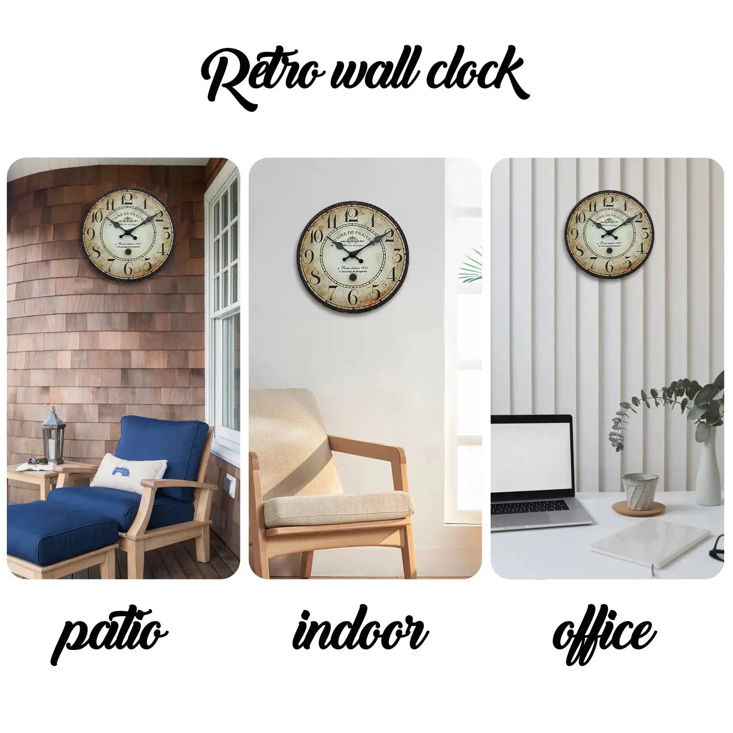 Retro wooden wall clocks set: three clocks with distressed beige dials and silent quartz movement