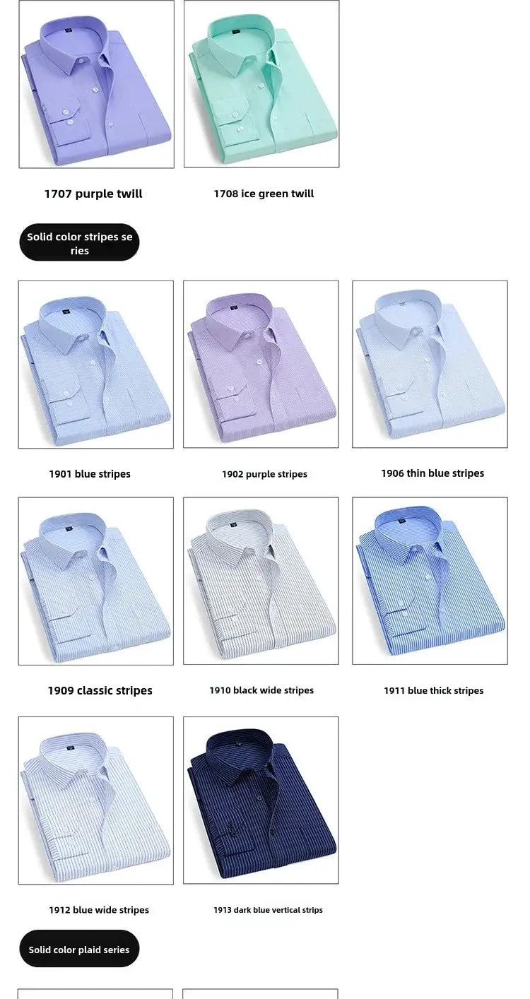 Simples Market men's long-sleeve shirts collection: solid, striped, and plaid in blues, purples, and greens (11 shirts)