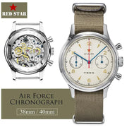 Red Star men's chronograph watch with beige dial, blue hands, khaki NATO strap, stainless steel case